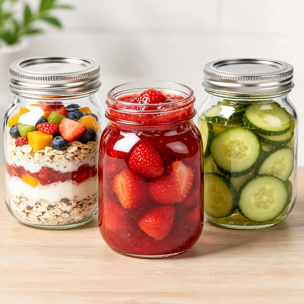 ComSaf 16 oz Regular Mouth Mason Jars, 3-PCS Safety-Button Lids | Button seal indicator/airtight, Pint soda-lime glass, BPA free, Canning safe, Freezer/dishwasher safe, Meal Prep Storage