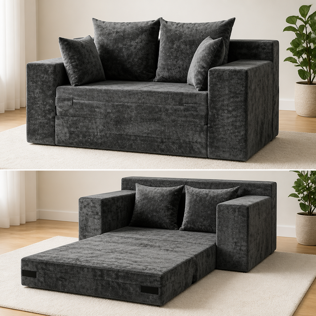 Boneless Loveseat Sleeper Sofa Bed, 3-in-1 Convertible Sofa Bed and Floor Futon Couch (Velvet-Grey, Loveseat (55"))