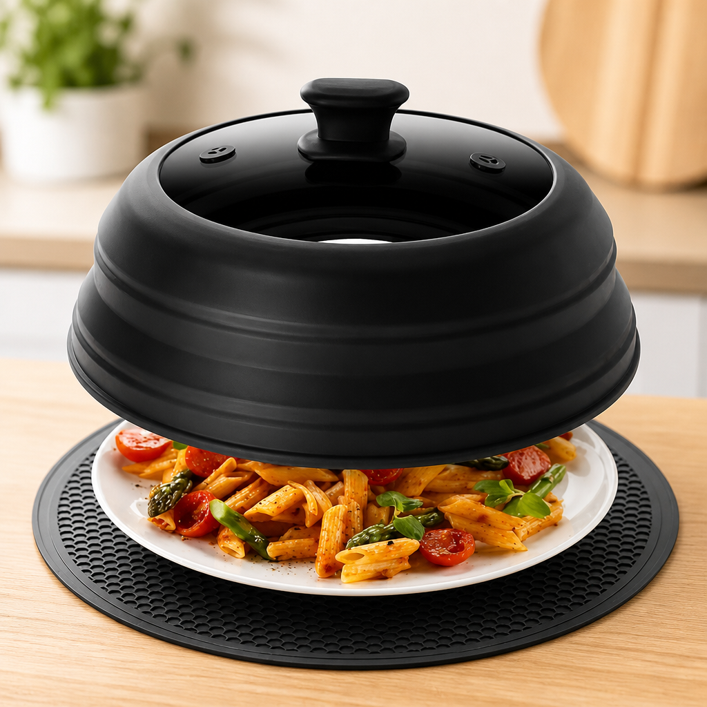 Lzerking Microwave Splatter Cover & Silicone Mat, 10.8 inch Glass Splatter Guard Lid with Collapsible Silicone for Food, Fits 6-10 inch Pot Plate Bowl, Heat Resistant, Dishwasher Safe, Kitchen, Black