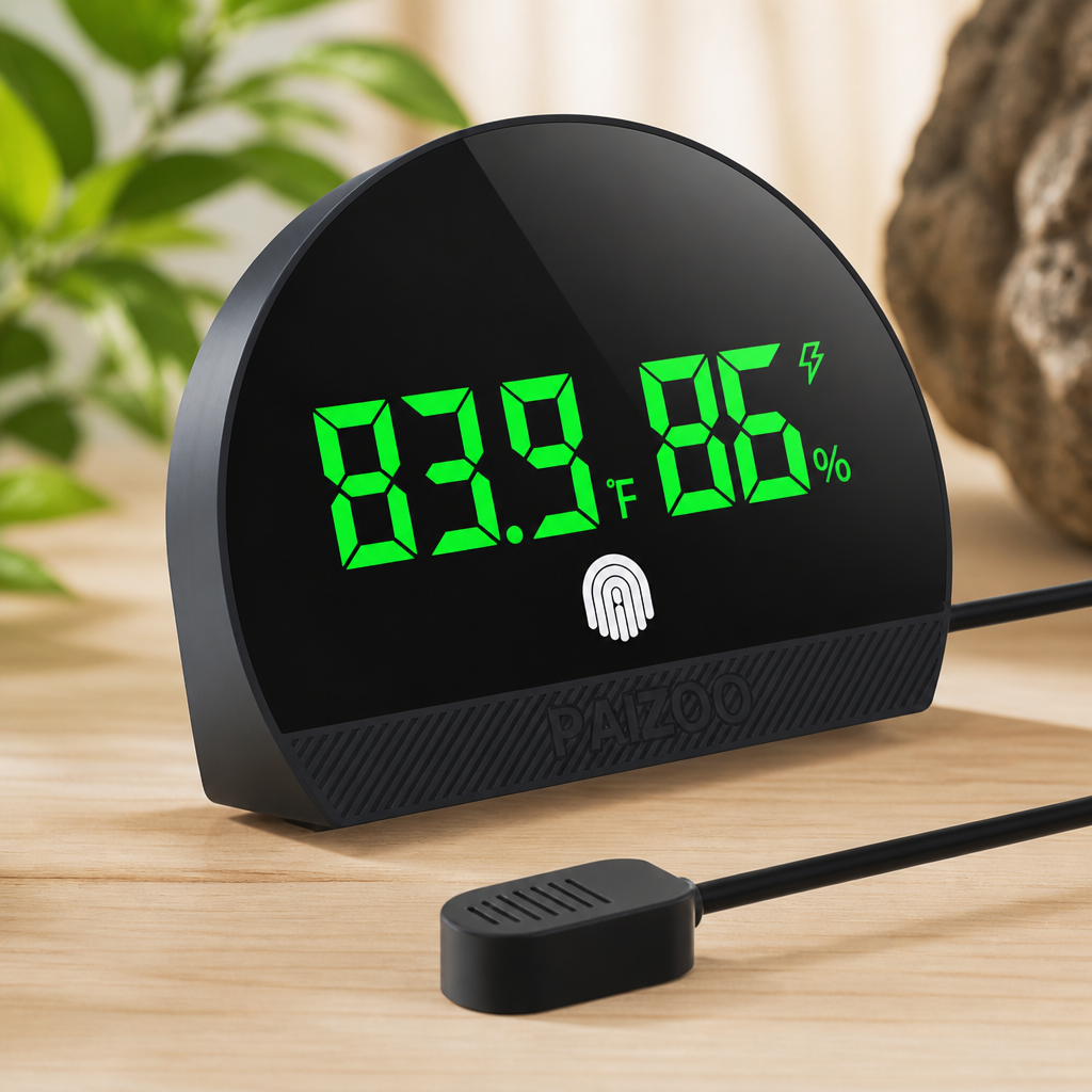 PAIZOO LED Rechargeable Reptile Thermometer Hygrometer, Always-on Display | Temperature Accuracy ±0.1℉, Long Battery Life, Switch Between ℉/℃, Reptile Tank Thermometer with 59.05" Type-c Charging Cable