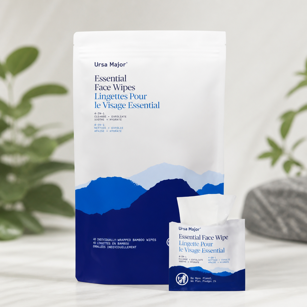 Ursa Major Essential Face Wipes | Natural, Biodegradable, Cruelty-Free | Cleanse, Exfoliate, Soothe and Hydrate | Individually Wrapped | 40 count