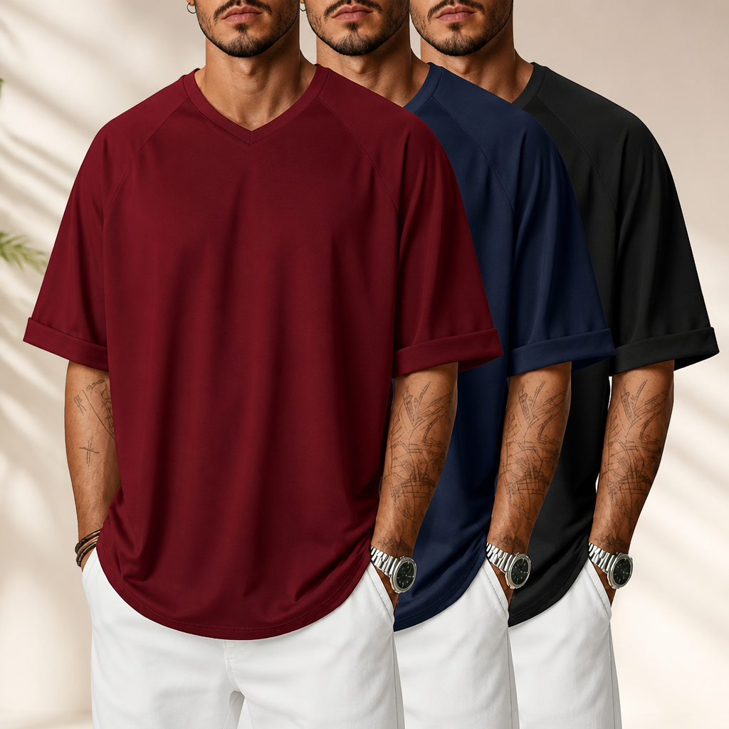 3 Pack Men's Oversized T-Shirts Baggy Half Short Sleeve Tee V Neck Rolled Sleeve Shirts Summer Casual Workout Tops
