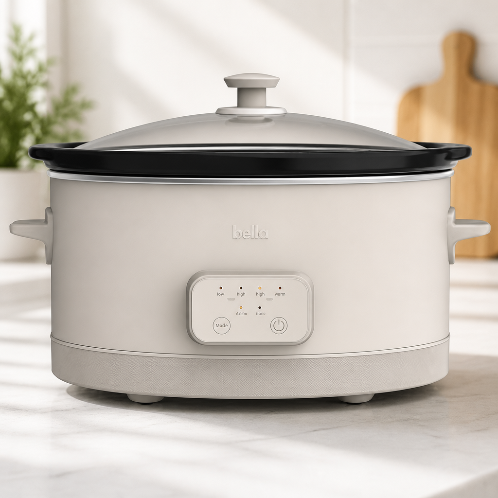 bella 6.0 Qt Programmable Slow Cooker, Ceramic Nonstick Coating, Adjustable Temperature & Cooking Times, Dishwasher Safe Stoneware Pot & Tempered Glass Lid, Tangle Free Cord Wrap, Oatmilk