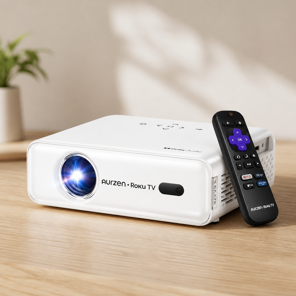 Aurzen Roku TV Smart Projector with Wifi and Bluetooth, Roku TV Built-in, 1080P FHD, DoIby Audio, Auto Focus & Keystone, Zoom, Movie Portable Outdoor Mini Projector for Soccer Football Game, White