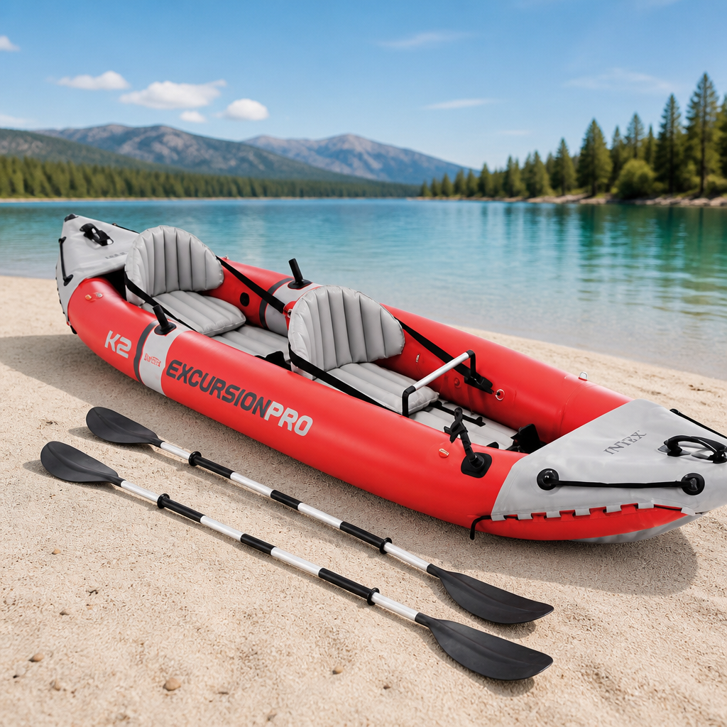 INTEX 68309EP Excursion Pro K2 Inflatable Kayak Set: Includes Deluxe 86in Kayak Paddles and High-Output Pump – SuperTough PVC – Adjustable Bucket Seat – 2-Person – 400lb Weight Capacity