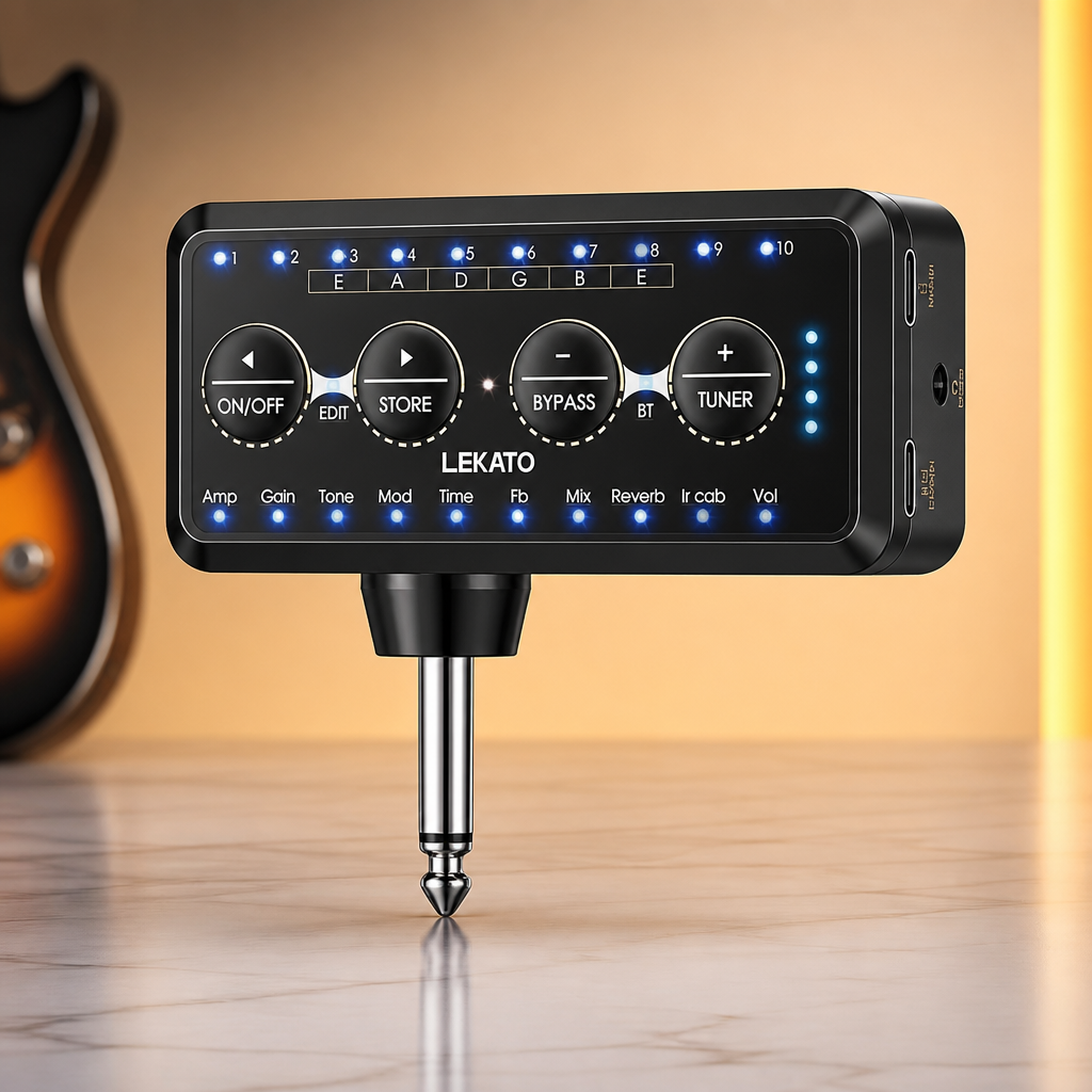 LEKATO Micro Guitar Headphone Amp Bass Guitar Headphone Amplifier with Multi Effects - Amp Models, IR Loading, Tuner, Rechargeable Electric Headphone Amplifier Delay Reverb Chorus Overdrive Portable