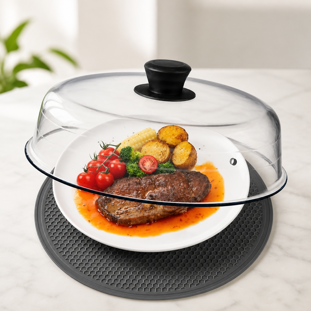 2 in 1, Glass Microwave Splatter Cover for Food & Microwave Place Mat, Plate Splatter Guard Lid with Easy Grip Silicone Handle Knob, Borosilicate Glass with Vent Hole, Food Grade, No Plastic, 10in