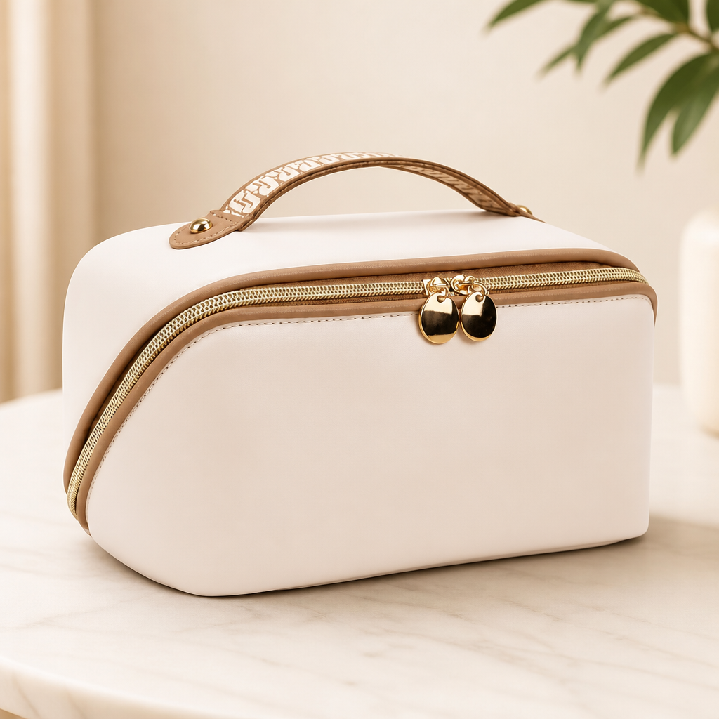 Prite Makeup Bag for Women Travel Waterproof Vegan Leather Cosmetic Bag Open Flat Toiletry Bag With Clear Divider and Handle (Beige, Medium)