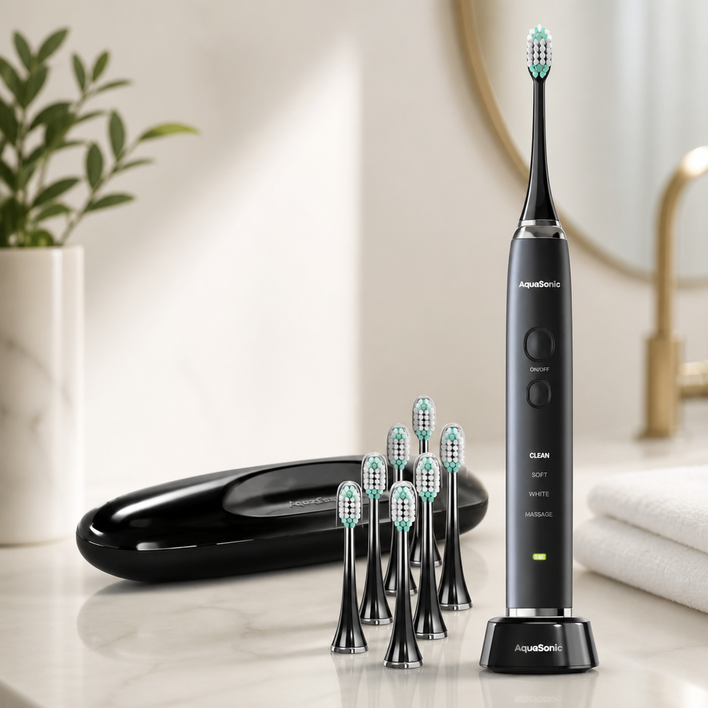 Aquasonic Black Series Ultra Whitening Toothbrush – ADA Accepted Electric Toothbrush- 8 Brush Heads & Travel Case – 40,000 VPM Electric Motor & Wireless Charging - 4 Modes w Smart Timer
