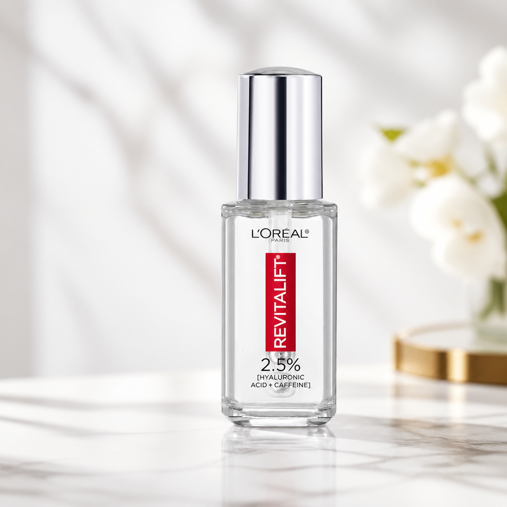 L'Oreal Paris Revitalift Hyaluronic Acid + Caffeine Hydrating Eye Serum for Dark Circles, Fragrance Free .67 fl. oz + Moisturizer Sample